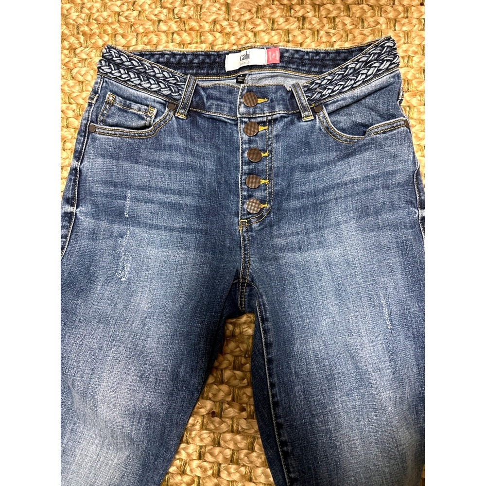 Cabi Mia Jeans Button Fly Skinny Blue Distressed Braided Waist Women Size 4 / 27
